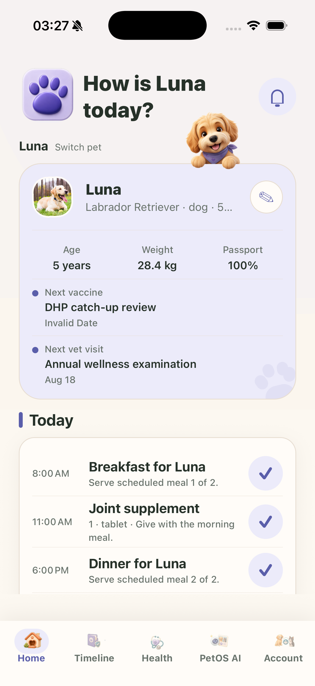 PetOS home screen showing Luna's care dashboard, records, and reminders